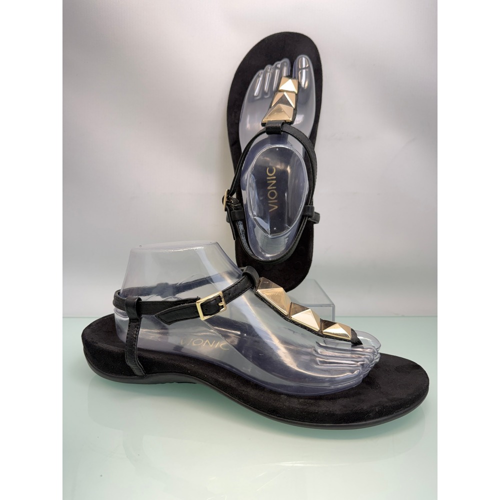 Vionic Thong Sandals Women 11 Black Gold Studded Y2K Minimalist Quiet Luxury